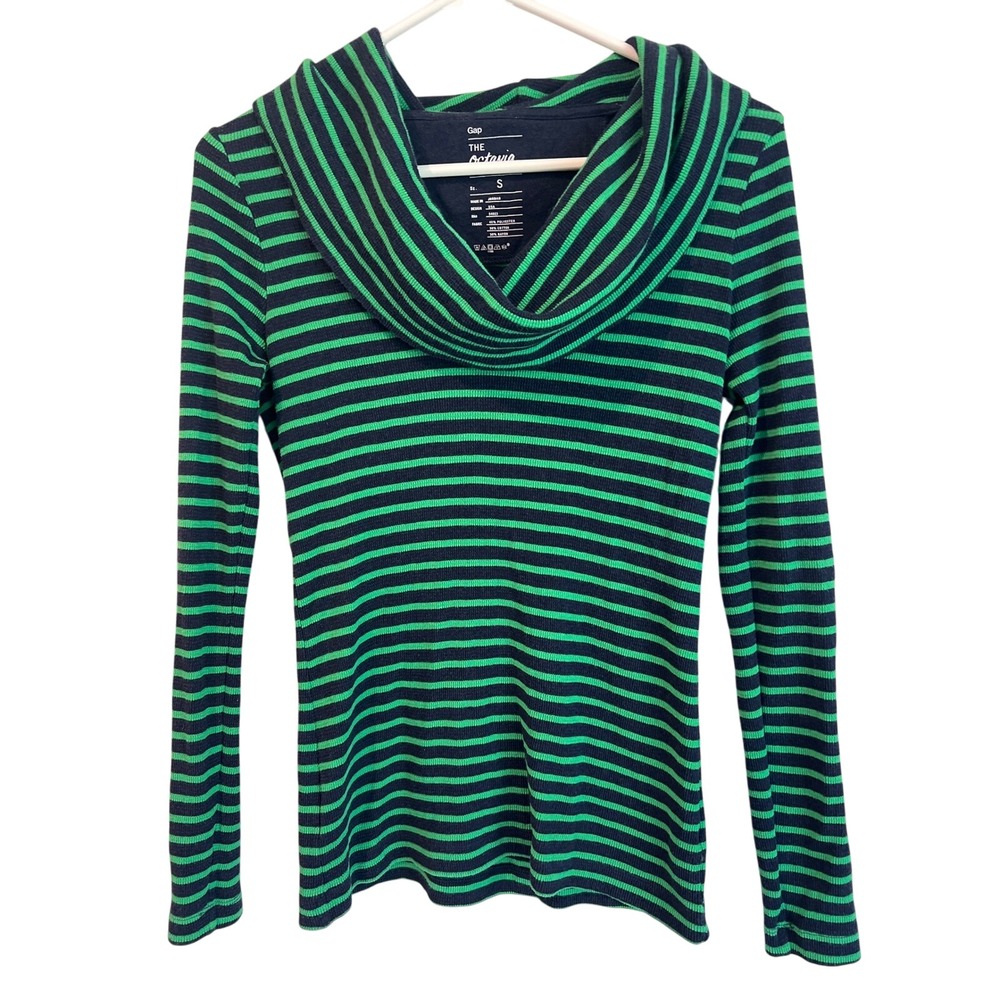 Gap The Octavia Women's Size Small Green Navy Striped Waffle Cowl Neck Top